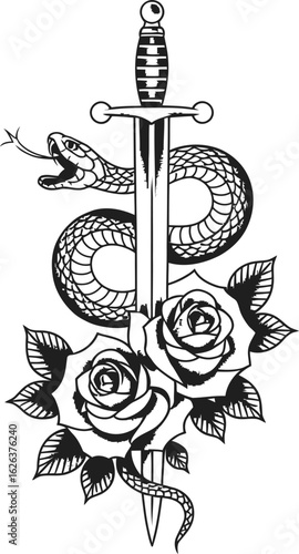Snake Wrapped Around a Sword with Roses serpent dagger