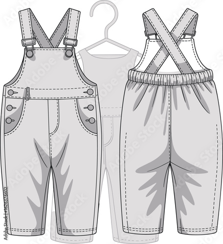 Baby Overalls with Side Buttons and Buckles, Vector Technical Flat Sketch, Front and Back View on Hanger.