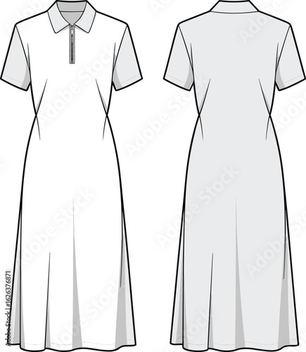 Elegant Women's Polo Dress Technical Flat Sketch, Front and Back View, Short Sleeve A-Line Midi Dress with Zip Placket, Vector Illustration for Fashion Design, Template, CAD, and Tech Pack.