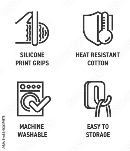 Oven mitt gloves properties icons set in bold line