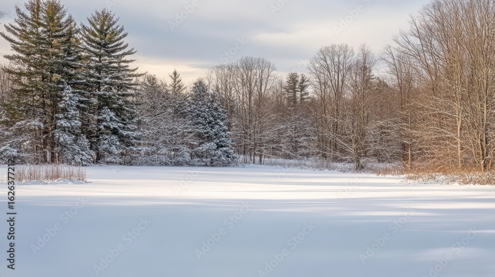 Obraz premium Serene Winter Landscape with Snow-Covered Trees and Frozen Pond