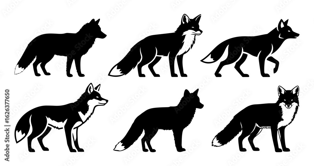 Fototapeta premium Collection of six black silhouette illustrations of foxes in various poses on a white background