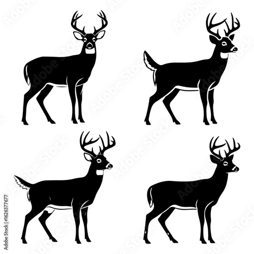 Four silhouettes of majestic male deer with antlers in various poses against a white background