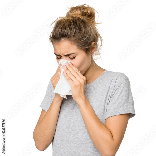 female with cold symptoms sneezing into paper tissue
