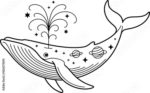 Whale with cosmic spray and planets in its body space