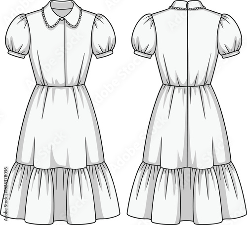 Vintage Midi Dress Technical Flat Sketch, Peter Pan Collar, Puff Sleeves, Tiered Ruffle Skirt, Vector Illustration for Fashion Design, and CAD.