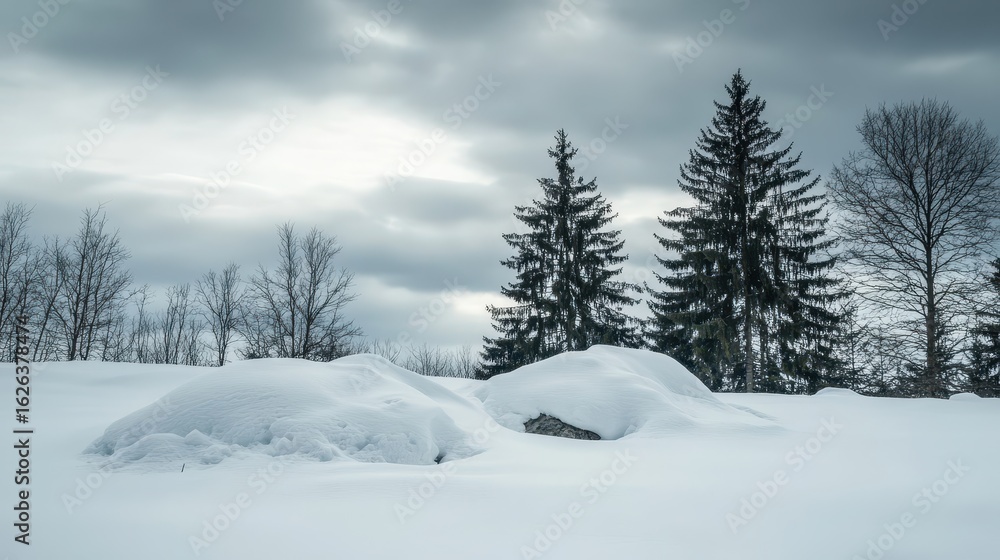 Obraz premium Serene Winter Landscape with Snowy Ground and Evergreen Trees