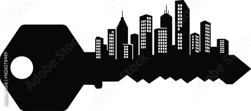 City skyline in key shape, real estate concept, urban property solution, investment, security, housing market, rental, home ownership