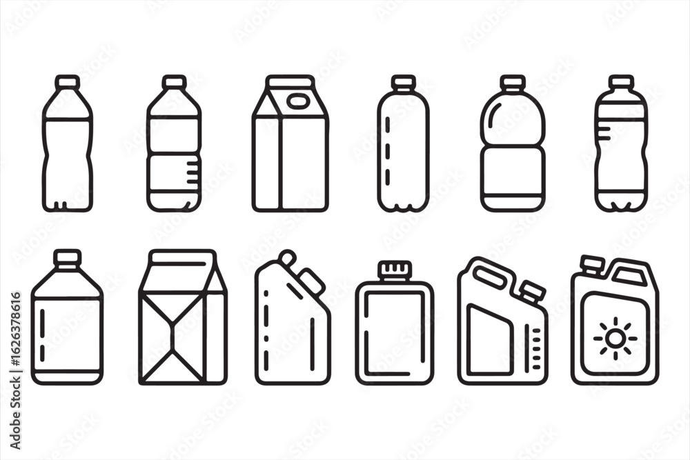 Fototapeta premium Collection of Plastic Bottles, Cartons, and Liquid Containers in Outline Style