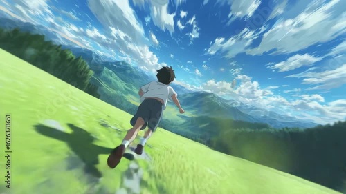 Young anime boy joyfully running through lush green landscape background. Dynamic motion, freedom adventure, childhood joy and exploration nature. Youth, happiness, outdoor activities. Fast speed.