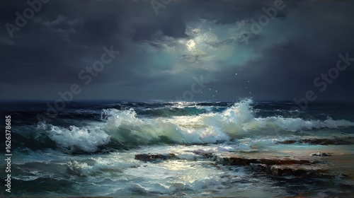 Moonlight seascape, crashing waves