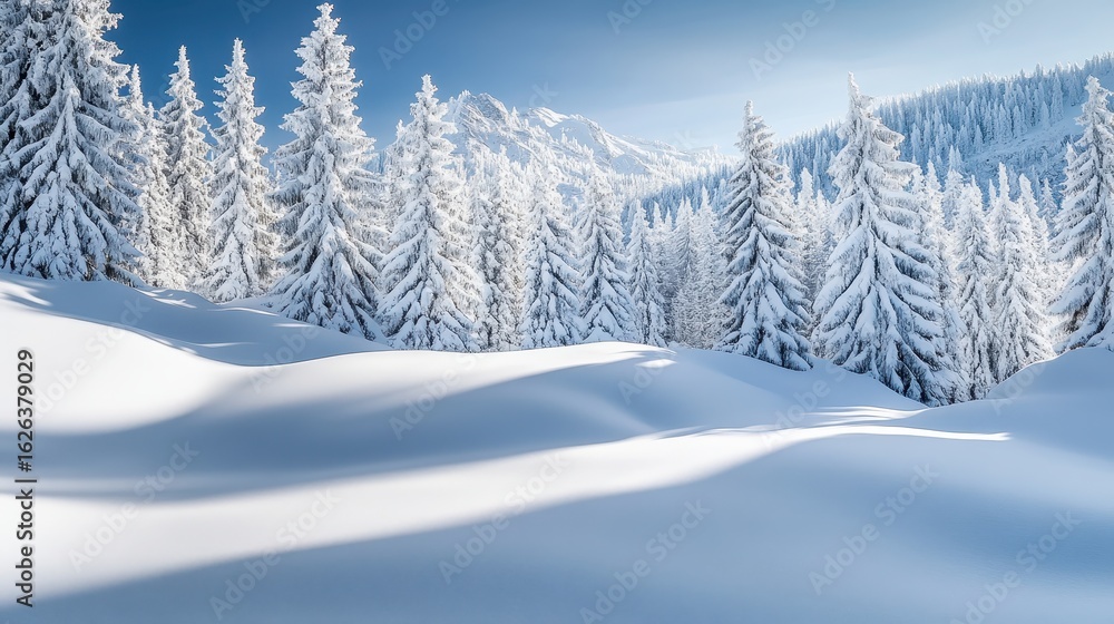 Obraz premium Snow-Covered Trees in a Winter Landscape Under Clear Blue Sky