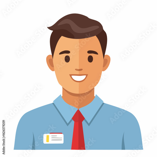 Young professional man with name tag smiling, an employee or clerk avatar icon