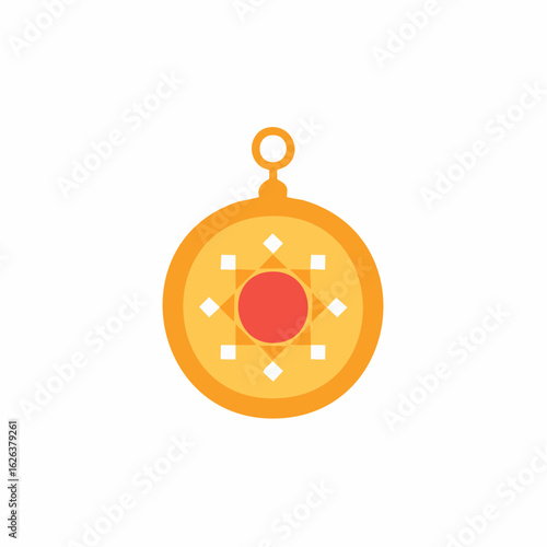 Round gold pendant with intricate geometric design and red stone centerpiece