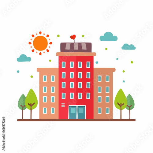 Colorful flat design multi-story building with heart, sun, clouds, and trees landscape
