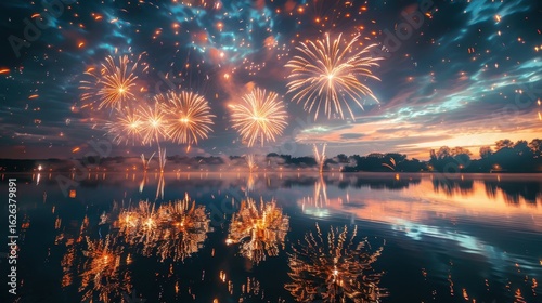 Breathtaking Fireworks Display Over Calm Lake at Dusk