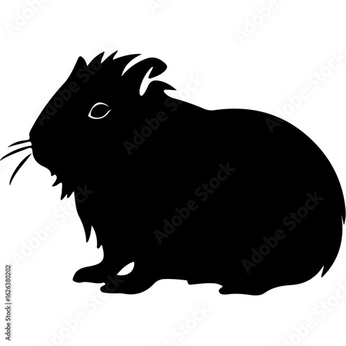 Graphic silhouette of a pet guinea pig. Black and white vector illustration of a small furry cavy rodent.
