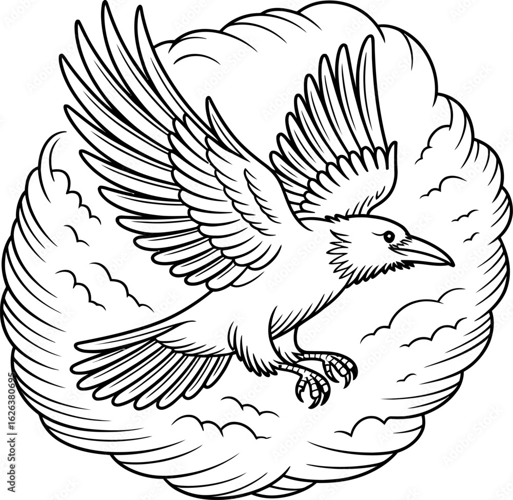 Obraz premium Black and white drawing of a raven flying through clouds