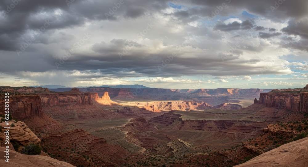 Naklejka premium Dramatic Canyonlands Vista: Towering Cliffs, Stormy Skies, and Golden Light