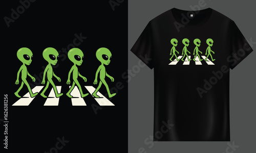 Cute Alien Character Illustration Crossing Street Isolated from the Background and Customable for Clothing Prints