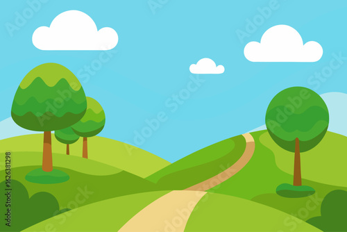 Cartoon landscape with rolling hills trees and a winding path