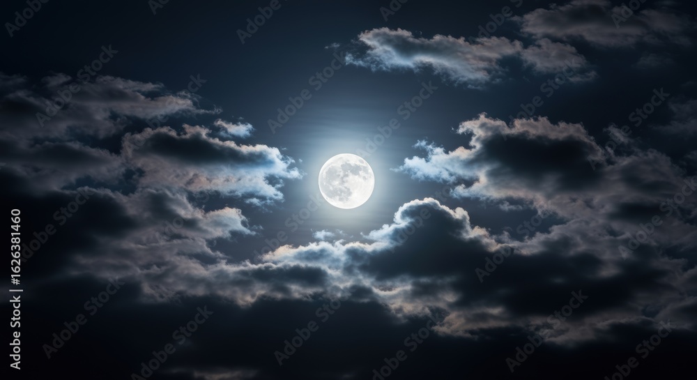 Obraz premium Majestic Full Moon Glows Through Dramatic, Dark, Cloudy Night Sky