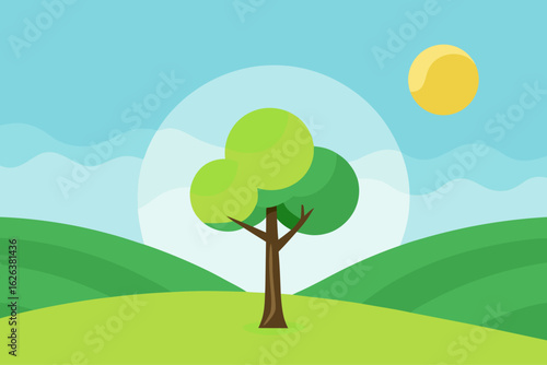 Stylized green tree under a sunny sky with rolling hills