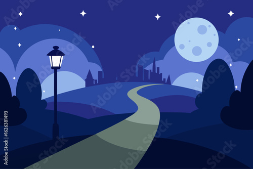 Serene nighttime landscape with winding path and full moon