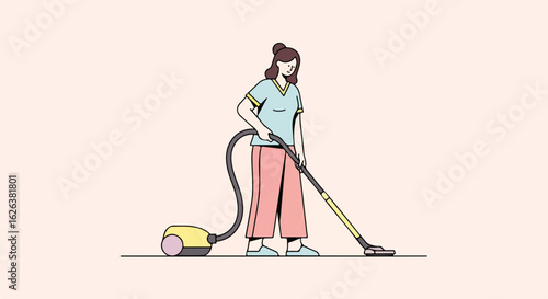 Young woman vacuuming apartment floor. Person enjoys domestic activity of home cleaning.  Indoor cleaning using modern vacuum cleaner.  Relaxing houseplant care and home environment.