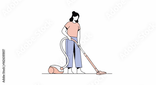 Young woman vacuuming apartment floor with modern vacuum cleaner. Home cleaning activity includes using pink vacuum cleaner for spotless floor.