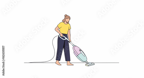 Young woman vacuuming apartment floor using modern cordless vacuum cleaner. Home cleaning activity includes domestic chores for wellbeing and peaceful environment.