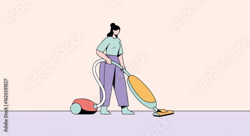 Young woman vacuuming apartment floor.  Person cleaning home using modern vacuum cleaner. Domestic activity for maintaining clean and peaceful home environment.