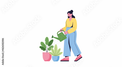 Girl watering plants at home, girl watering plants with watering can, creating serene scene. Girl watering plants with focus and care, nurturing foliage.