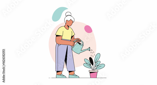 Plant watering in house with woman using watering can, indoor gardening. Plant watering at home helps plants grow healthy and happy. Simple plant watering for interior design.