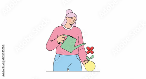 Illustration of woman watering flower, depicting Gardening hobby indoors at home. Gardening hobby enriches daily life. Woman with Watering can nurtures plant in vase.