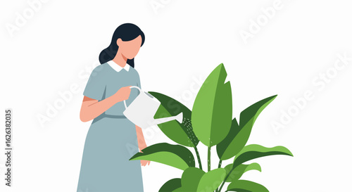 Woman watering plant, depicted in a flat design style, shows her nurturing foliage in natural daylight. This watering plant illustration displays care and attention.