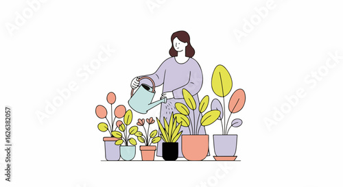 Woman watering plants, tending to her potted plants with care, nurturing botanical life. Woman watering plants, showing affection for foliage through hydration. Concept woman watering plants,
