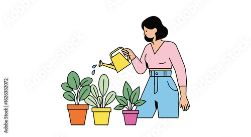Watering plants shows a woman tending to various indoor plants in colorful pots. Woman is watering plants, nurturing growth and fostering a sense of calm and connection with nature.