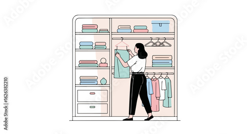 Woman arranging clothes in closet for organized storage, closet arrangement with neatly stacked garments and hanging items on hangers. Organized storage makes finding outfits easier,