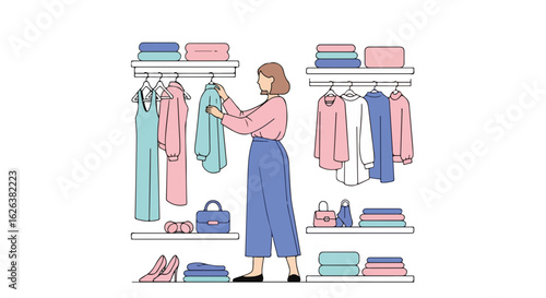 Woman in closet choosing clothes, with garments hanging and folded on shelves. Wardrobe selection illustrates clothing choice for fashion conscious clients, depicting morning routine.