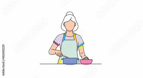 Woman cooking food at home in simple minimalist illustration style. Woman cooking food in pot using spoon, preparing meal for dinner or lunch.