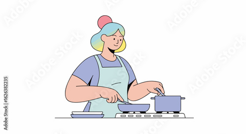 Woman cooking on stove in kitchen, preparing healthy meal with simple ingredients. Woman cooking using cookware to simmer sauce, fry vegetables, and create nutritious meal.
