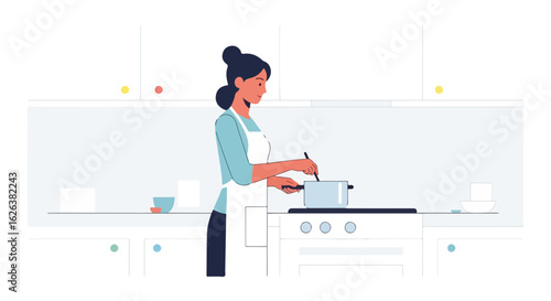 Stirring food in kitchen with woman cooking over stove in modern bright apartment. Home cooking features a woman in apron preparing meal while stirring food, demonstrating household activity.