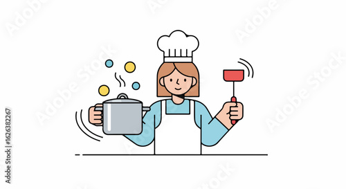 Chef cooking with pot, wearing hat and apron in kitchen. Chef cooking something special, holding spatula, preparing meal. Kitchen chef cooking for culinary blog posts.