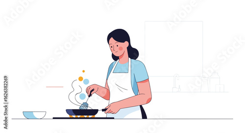 Cooking food in kitchen with frying pan and steam rising from the pan is focal point. Preparing food involves hot pan on stove, woman in apron, and cooking with spoon. Cooking food for blogs,