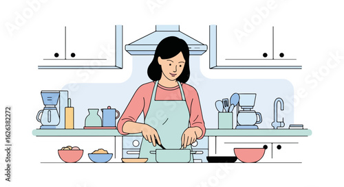 Woman cooking food in bright home kitchen preparing meal, using pot and spoon. Woman cooking food at home is a popular theme: a domestic scene,