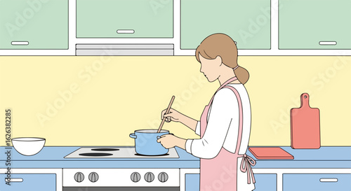 Side view woman cooking in kitchen with a pot, stirring food. Preparation cooking in kitchen at home with cabinets and modern appliances. Conceptual cooking in kitchen scene shows domestic life.