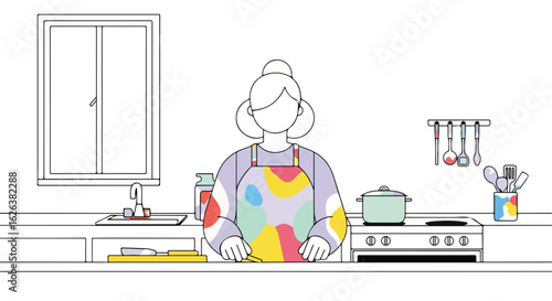 Woman cooking scene in kitchen with a colorful apron and kitchen utensils is visible. Cooking activities for family. Minimalist kitchen scene shows a woman cooking,