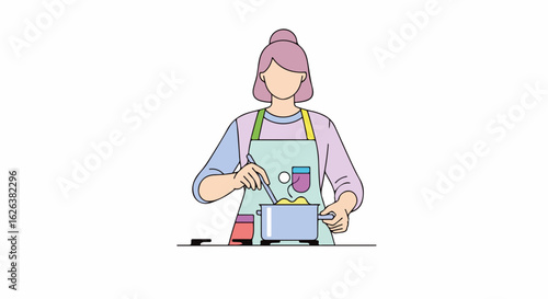 Woman cooking meal, stirring ingredients in pot with ladle, wearing apron in kitchen. Woman is preparing food for dinner with nutritious ingredients.