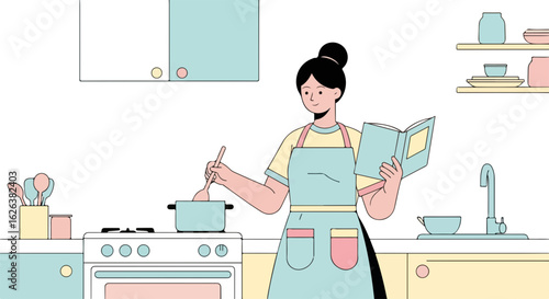 Woman cooking soup with recipe in kitchen, woman cooking. Simple modern kitchen illustration with woman cooking at home and reading recipe, it is a lifestyle activity. Concept woman cooking for blogs.